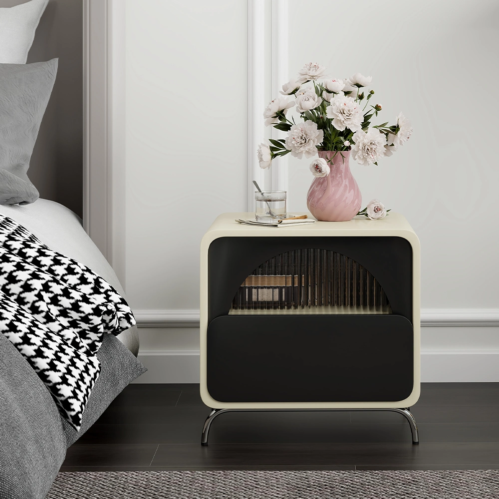 Modern Black and White Nightstand with Semi-Transparent Rainbow Glass Door Nightstand