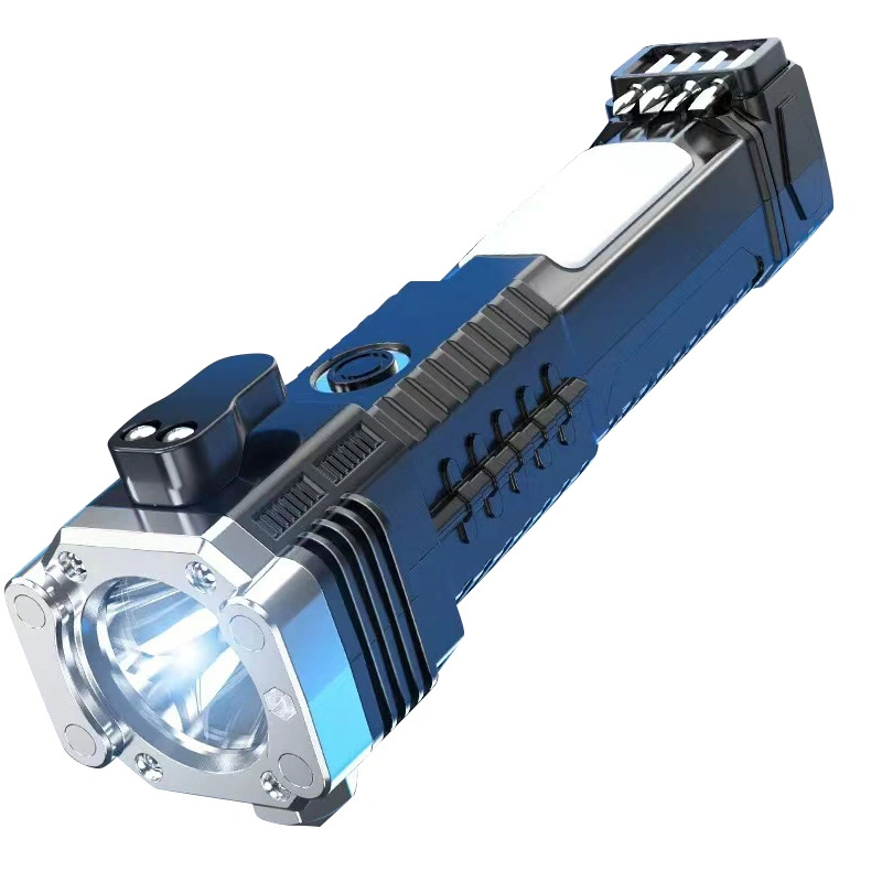 Linterna LED con luz de destello, martillo de seguridad para exteriores de automóviles, cargador, linterna de autodefensa.