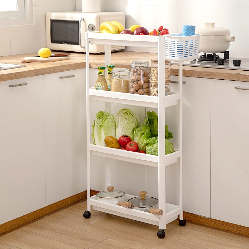 4 Layers Hot Selling Multi-Function Movable Plastic Slim Toys Fruit Vegetable Kitchen Bathroom Storage Rack with Wheels and Basket