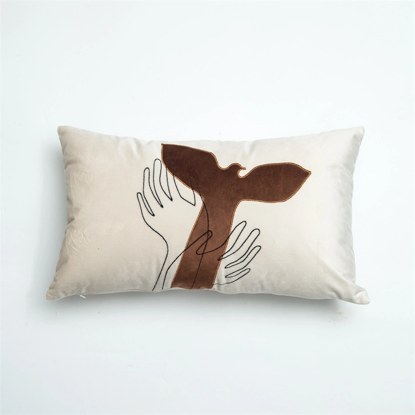 Home Products Fashionable Velvet Embroidery Brown Copper Beige Peace Pigeon and Hand Embroidery Applique Decorate Pillow 30X50cm Rectangular Cover Cushion