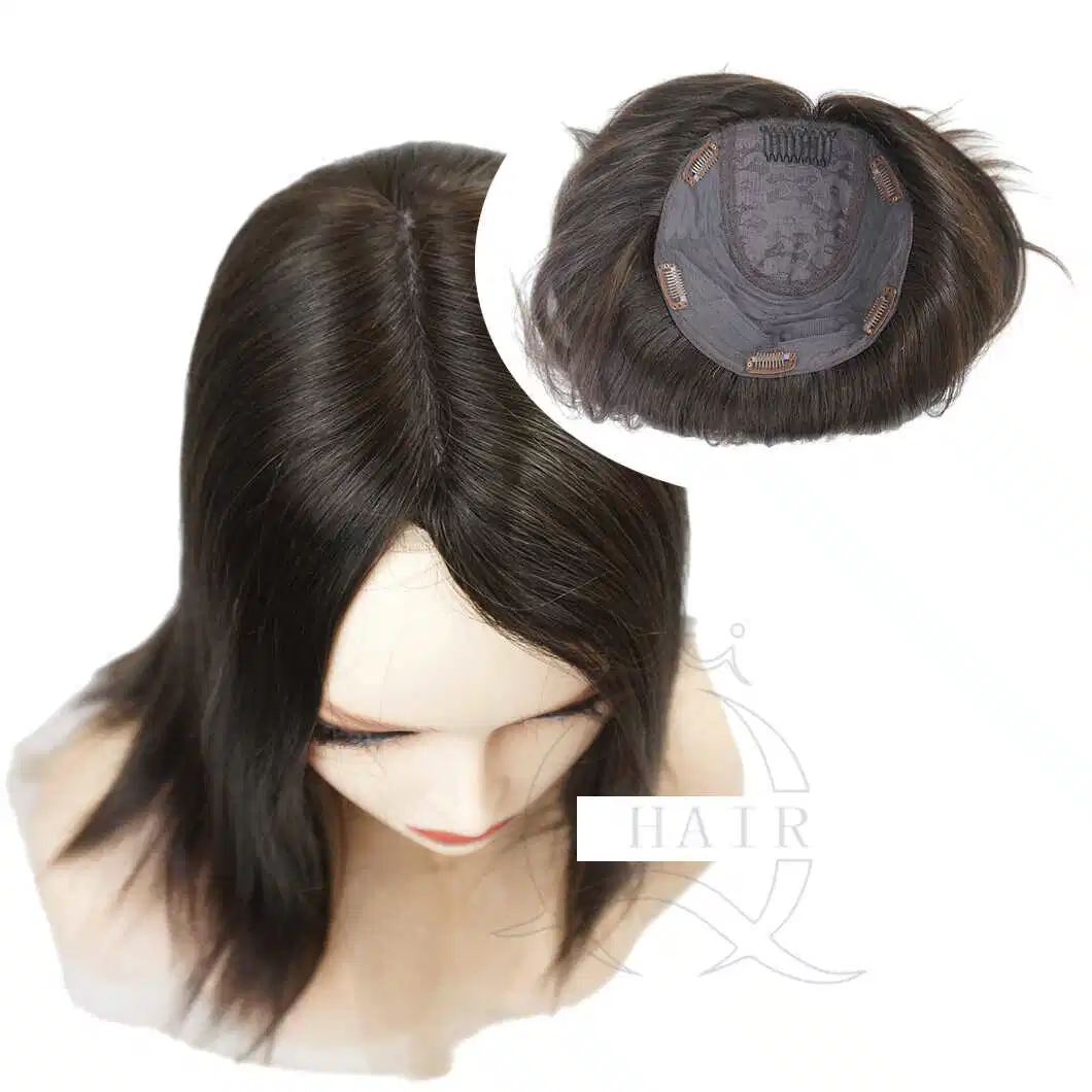 Color 4/6 15 Inch Women Hair Piece Remy Hair Human Hair Toupee Silk Base Topper Center and Machine Made Weft Topper 8 Inches with 6 Clips Silk Top Topper Hair