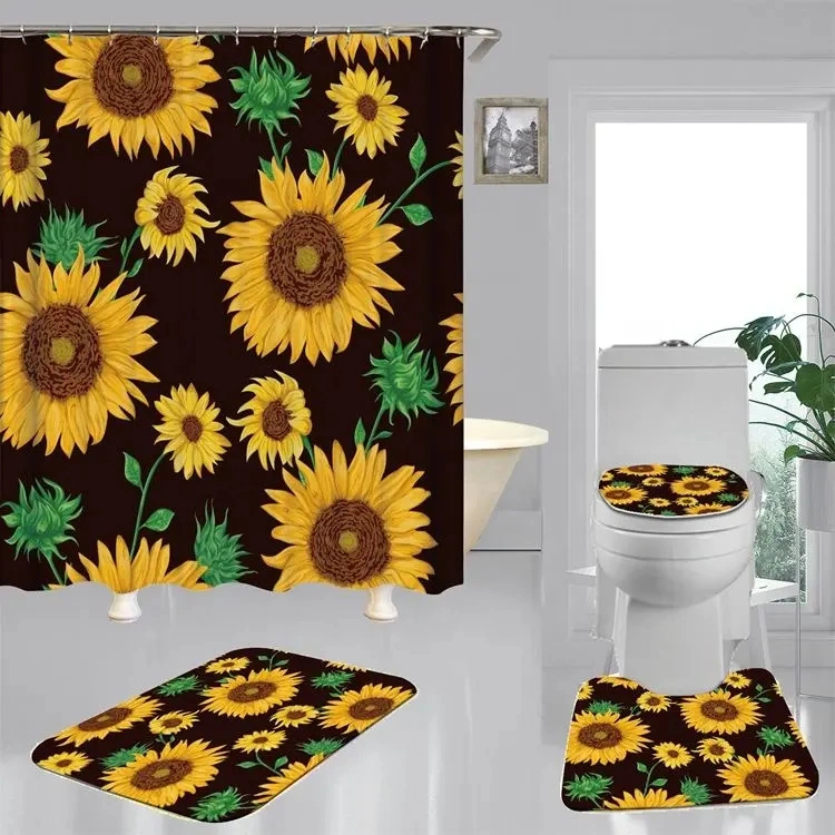 Rideau de douche en tissu polyester à motif tournesol personnalisé, décoration d'intérieur magnifique photo numérique imprimé rideau de bain imperméable