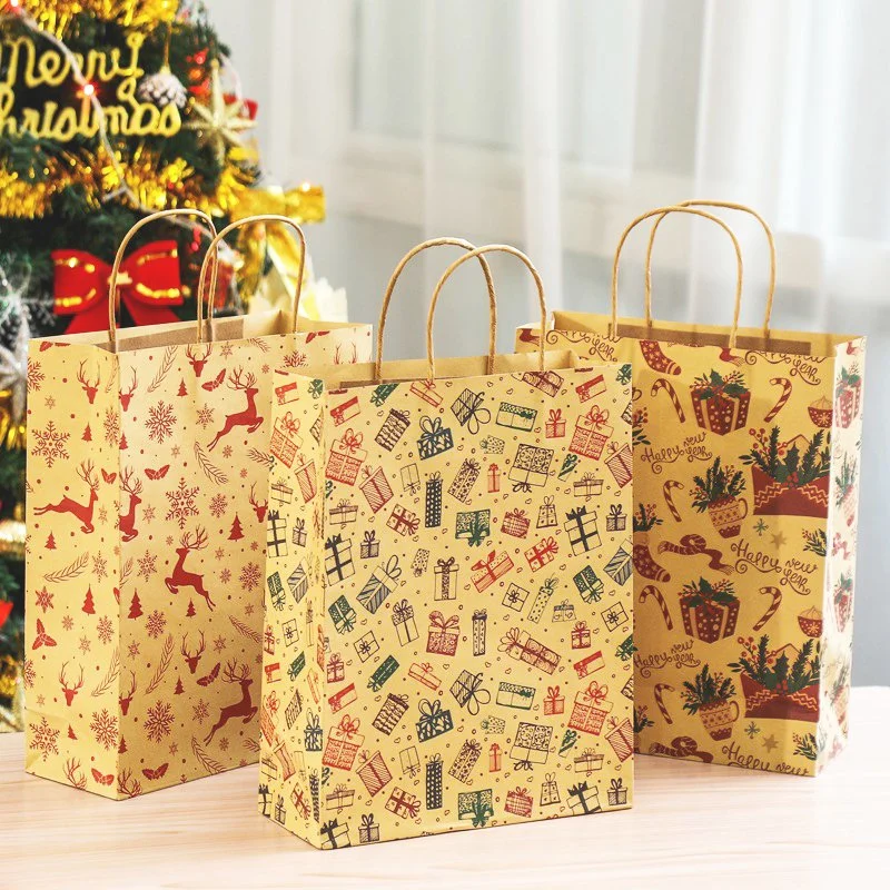 Custom Printed Christmas Style Brown Kraft Paper Bag Grocery Store Promotional Shopping Packaging Bag