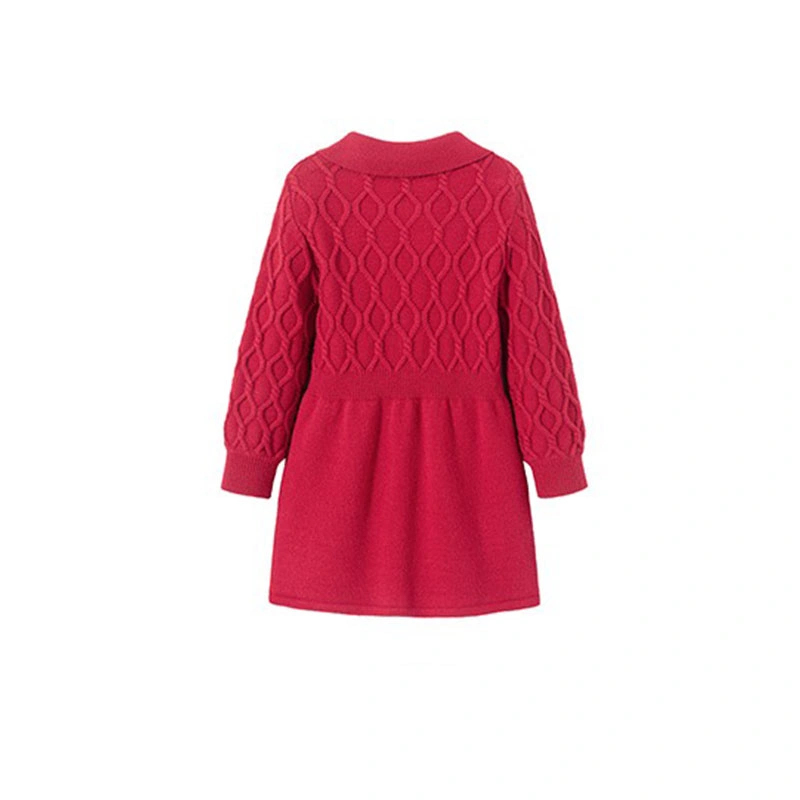 Red Dress Rhombus Twisted Knitted Dress Kids Girls Long Sleeve Pullover