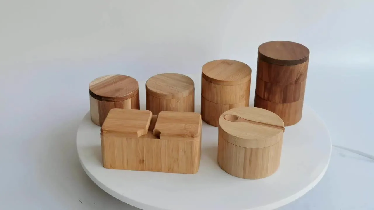 Bamboo Seasonings Box Mini Spoon Salt Container Wood Pepper Storage Spice Cellars