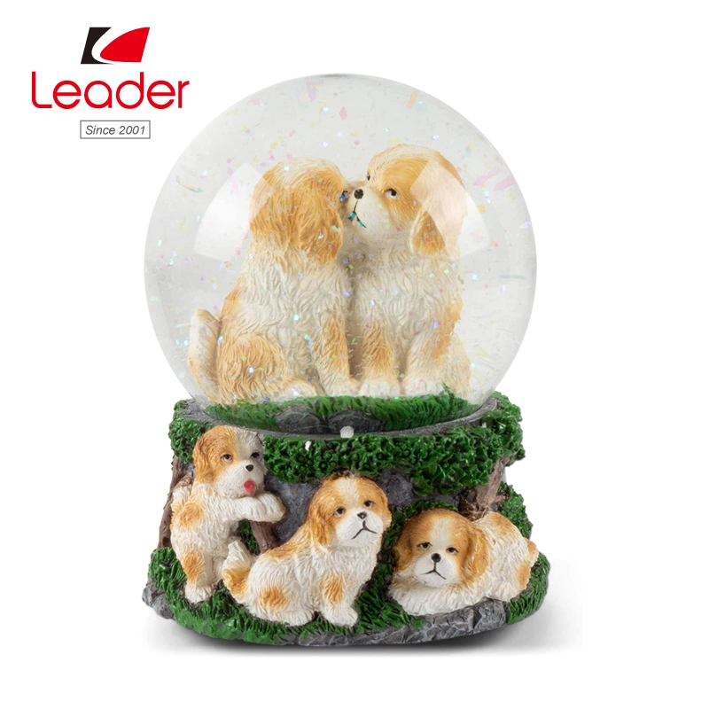 Playful White Tan Puppies Figurine Water Globe Resin Snowglobe