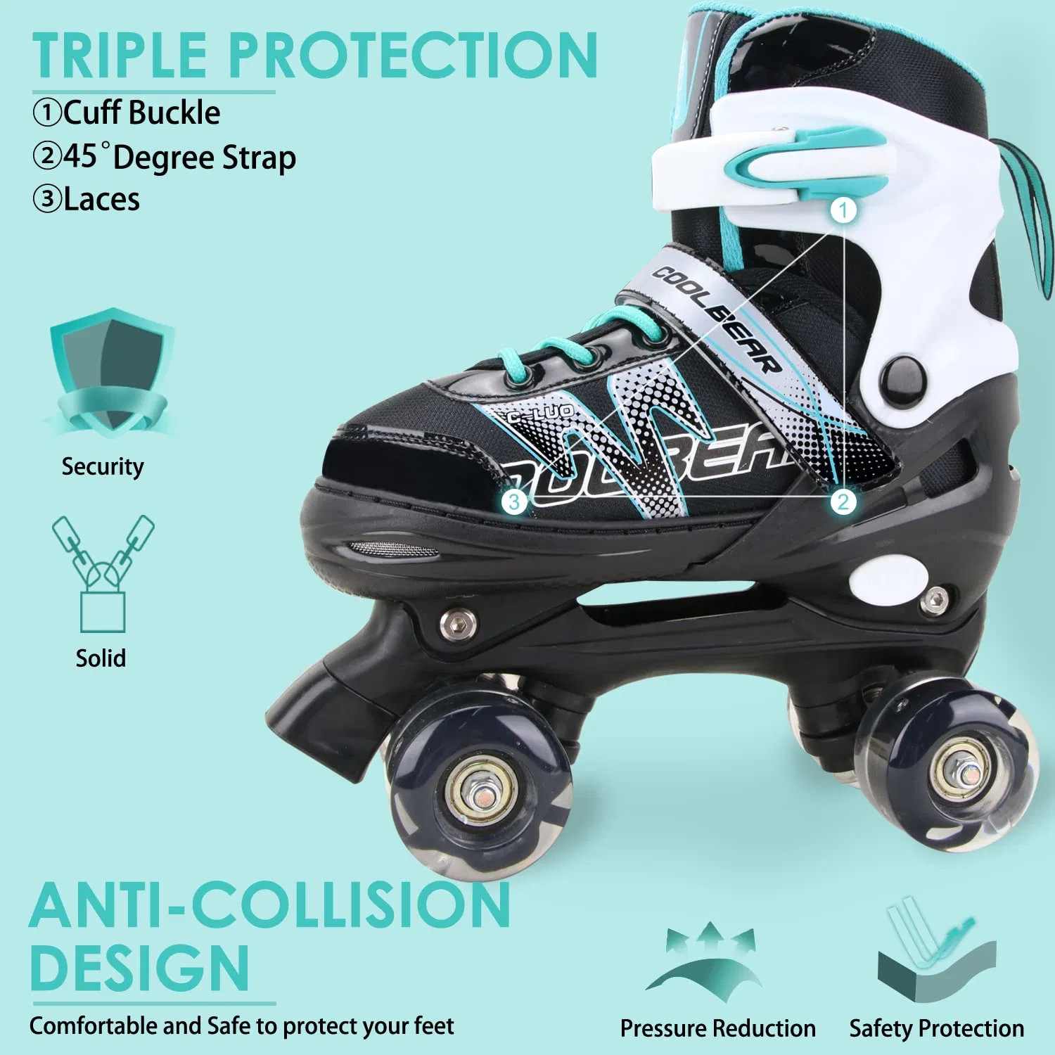 PVC/PU Adjustable Kids Flashing 4 Wheels Inline Roller Skate Shoes