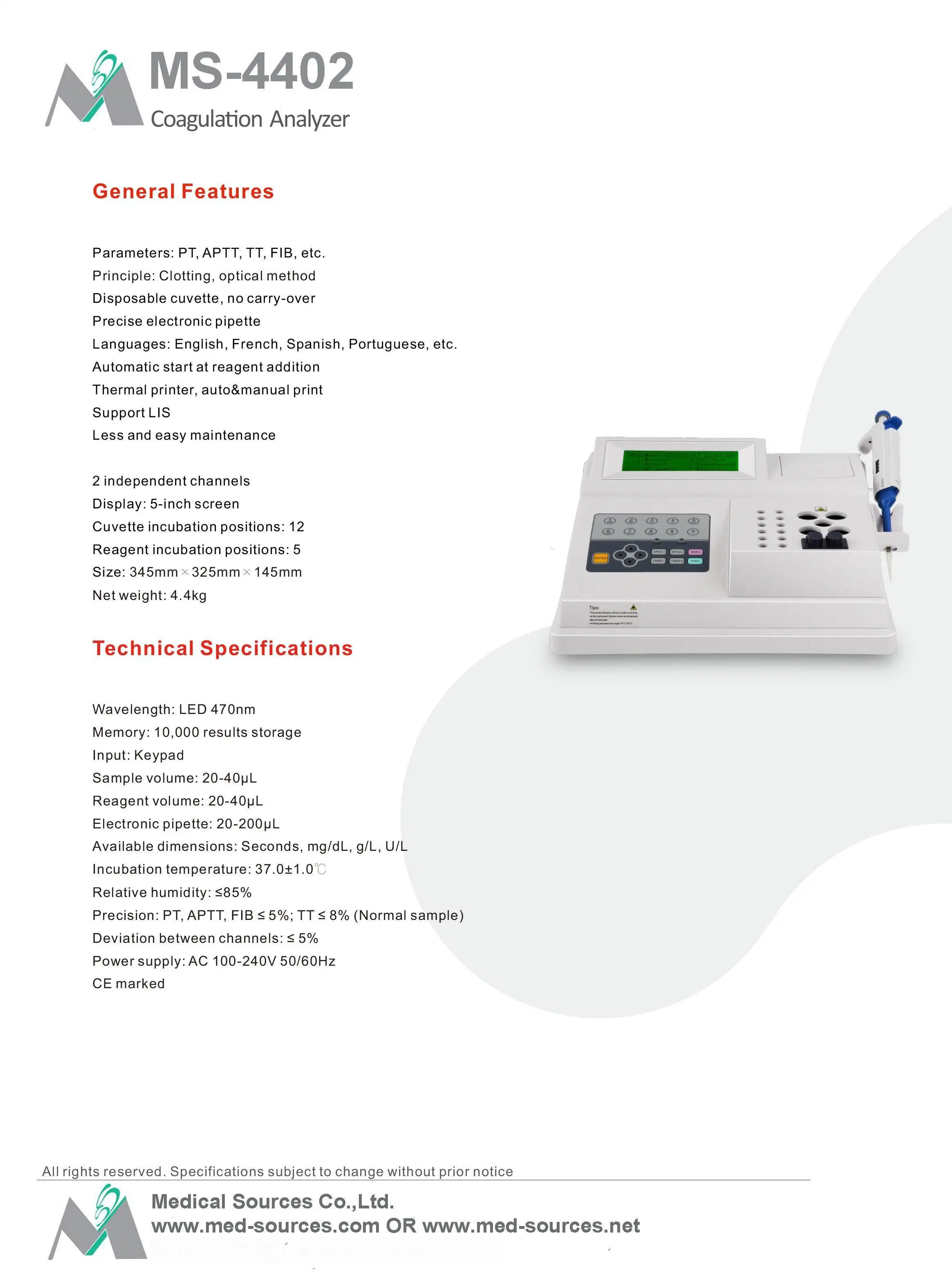 Ms-4401 Portable Blood Semi-Auto Coagulation Analyzer