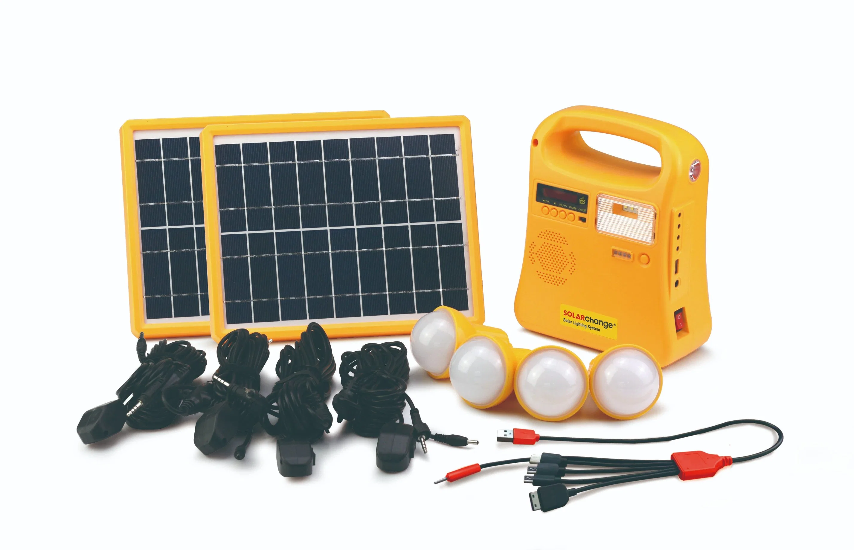 Kit d'éclairage solaire certifié Lighting Global de 10W avec radio FM/4 ampoules/chargeurs pour mobiles (SF-310)