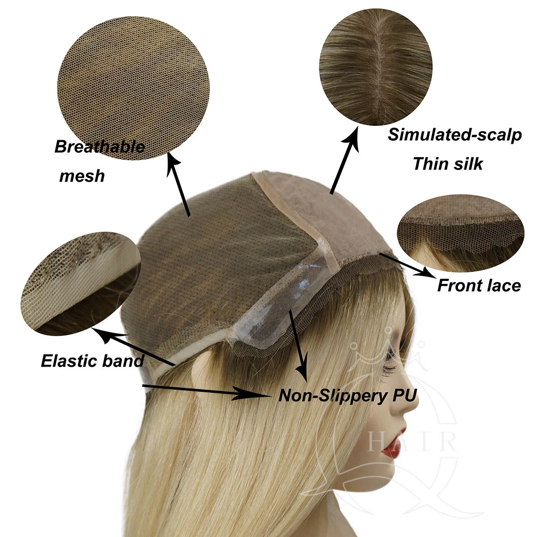 Resbaladizos NO PU Banda elástica encaje del cuero cabelludo simulado frente todos los mano atada Medical peluca para la pérdida del cabello Alopecia cliente cáncer peluca de pelo humano pelucas Perruque Natural