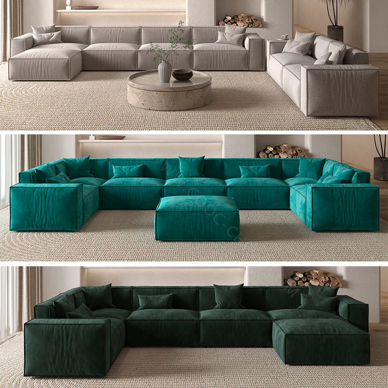 Conjunto de sofás modulares en forma de U de estilo italiano moderno, tapizados en terciopelo y cuero, para sala de estar de hogar u hotel