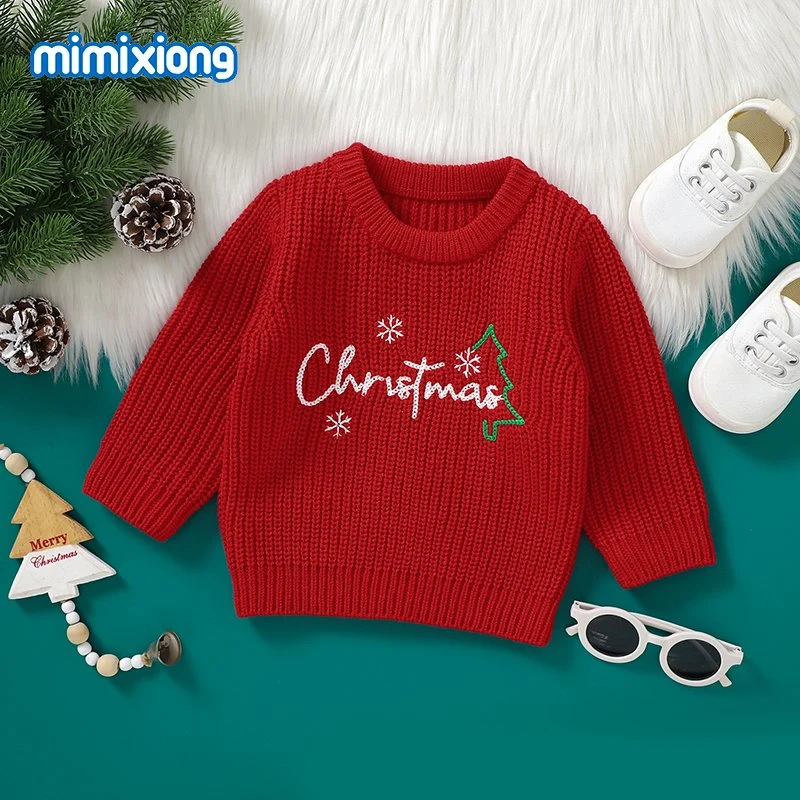 Mimixiong Weihnachten Stickerei Baby Pullover Unisex Langarm Strickpullover Babykleidung