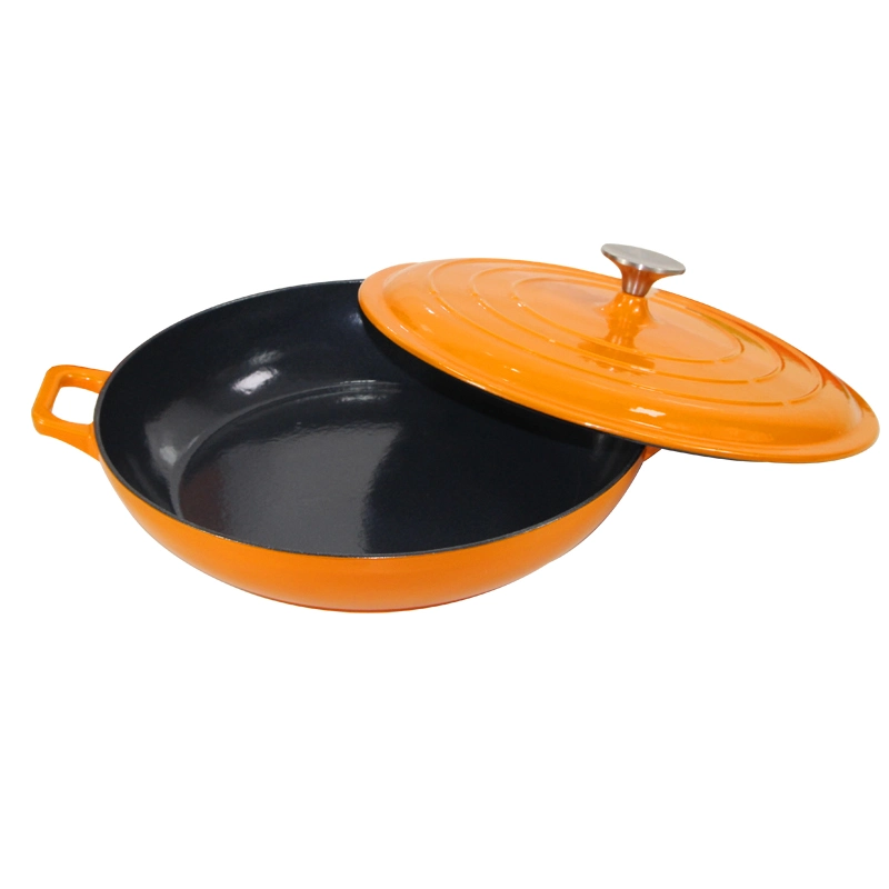 La solución de Amazon 3.8qt superficial de hierro fundido horno holandés Pot mango curvado con doble fondo plano con pomo de acero inoxidable