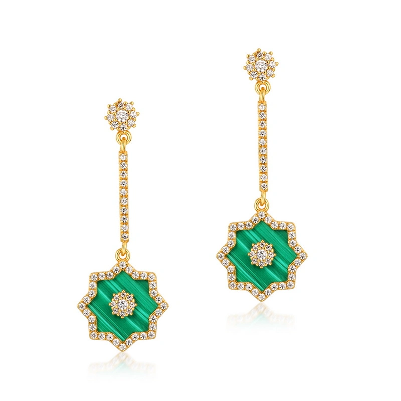 Dainty Sterling Silver Gold Plated Cubic Zirconia Snowflake Natural Malachite Drop Earrings