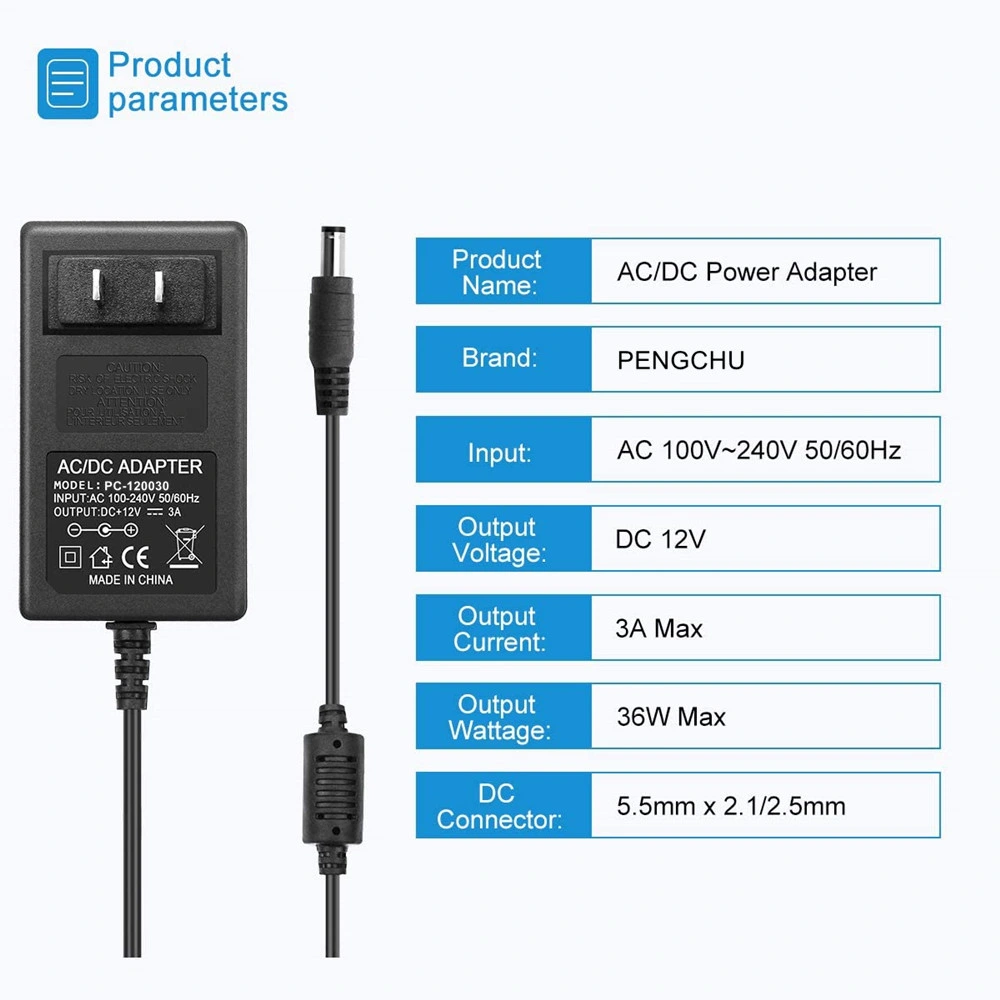 12V DC 3A Wall Power Supply Adapter with 2.1mm x 5.5 Plug 3A(3000MA) AC 100-240V to DC 12Volt Transformers Switching Power Source Adaptor for 12V 3528/5050 LED