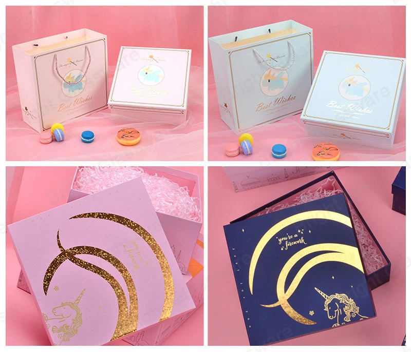 Custom Logo Luxury Gold Stamping Cardboard Cute Folding Gift Box with Paper Bag