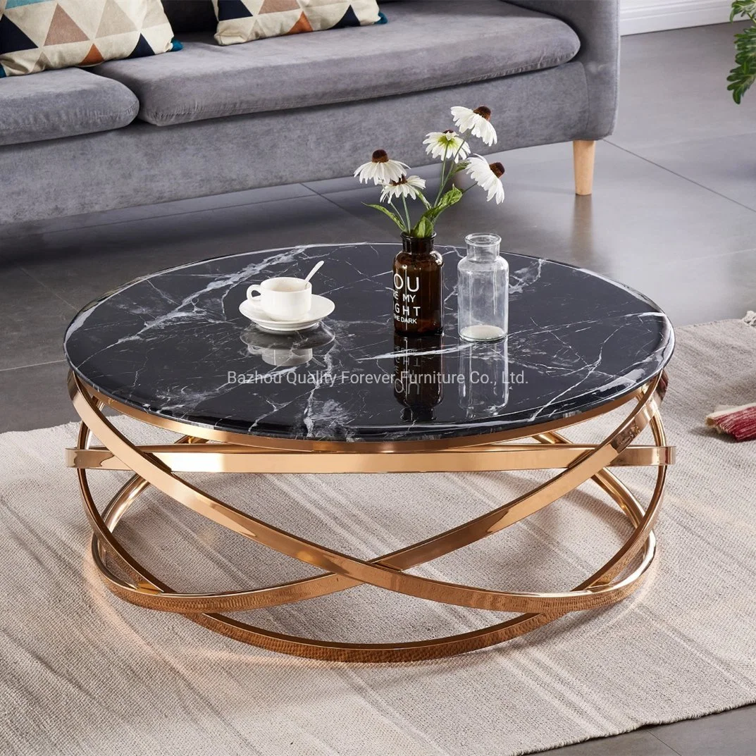 Mesas de café de mármol negro de vidrio de mármol negro de lujo modernas mesas de café de acero inoxidable de oro mesas redondas de la sala de estar