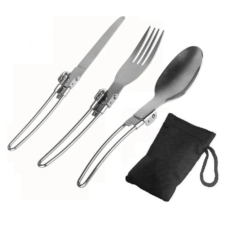 3 PCS Set Stainless Steel Outdoor Camping Picnic Cutlery Hiking Folding Cutlery Knife Fork Spoon Cooking Set