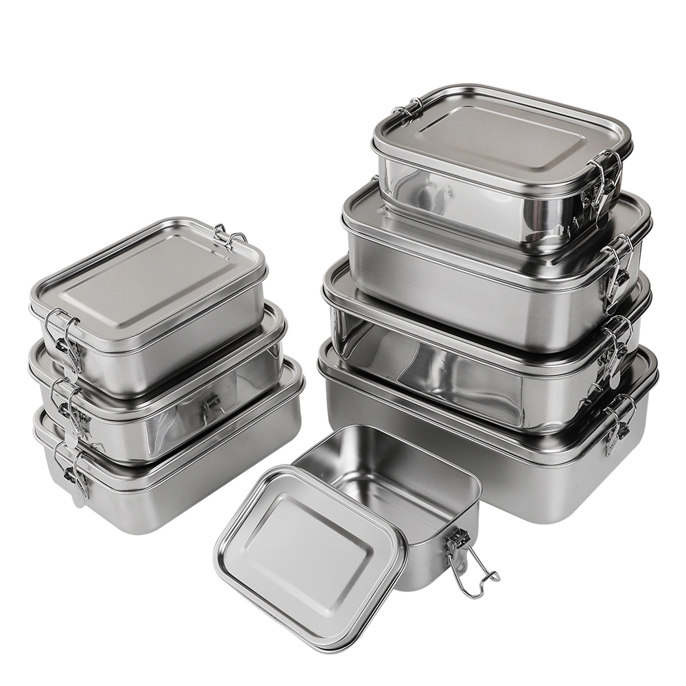 Rectangular Outdoor Picnic Easy to Clean Storage Stainless Steel Camping Lunch Box with Buckle