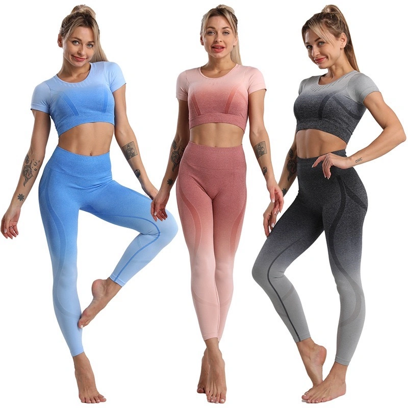 Hot Sexy Two Piece Fantastic Tennis Outfits Outdoor Sportswear for Women, Iridescent Seamless Gym Wear Short Sleeve Crop Top + Leggings Jogging Activewear