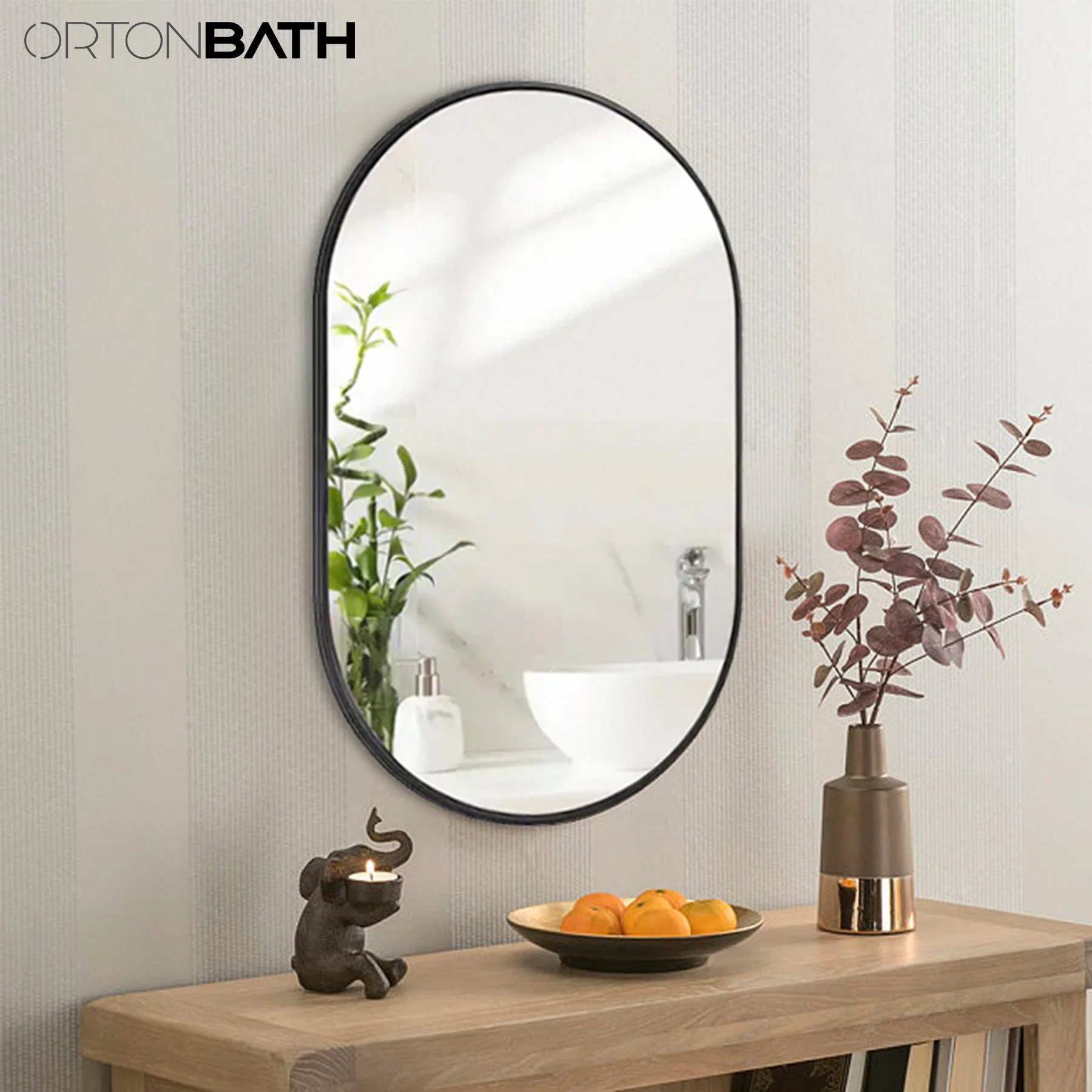 Ortonbath Modern Oval Wall Mounted Hanging Mirror for Bathroom with Brushed Black Metal Vanity Mirror for Bathroom Over Sink