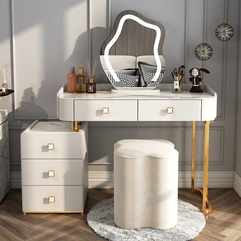 Modern Wood Vanity Home/Hotel Living Bedroom Furniture Makeup Dresser Nordic Dressing Table Set with Chair and LED Touch Screen Dimming Round Mirror