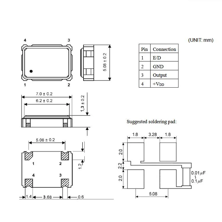 OSC-SMD7050 4 وسادة 1.000ميجاهرتز~40000ميجاهرتز 7.0*5.0 مم 5 فولت 3.3فولت 25 صفحة في الدقيقة 50 جزء في المليون من الكوارتز Hcmos متأرجح كريستالي