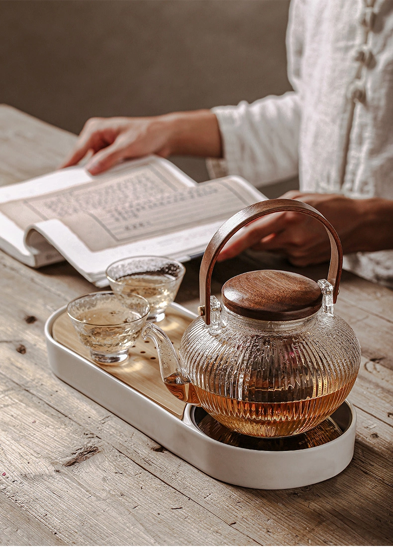 Handmade High Borosilicate Clear Glass Teapot Set Custom Tea Pot Glass with Glass Infuser and Wood Handle
