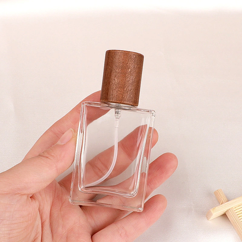 30ml Portable Clear Thick Glass Perfume Spray Bottle Cosmetics Container with Wooden Cap