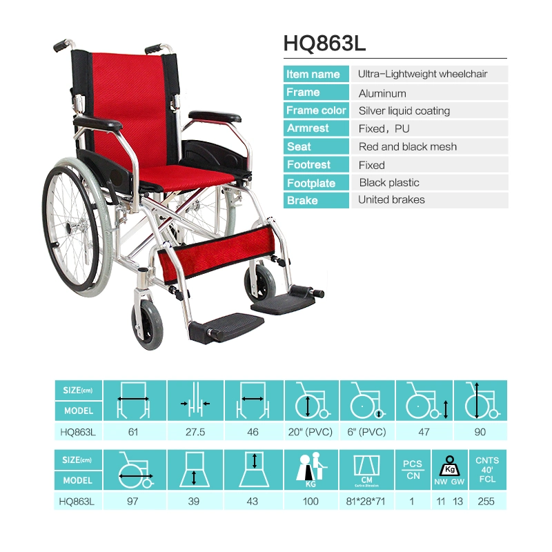 Hanqi Hq863L High quality/High cost performance  Homecare Manual Lightweight Fordablewheelchair for Disabled in Rehabilitation Center or Senior Patient Adultuse