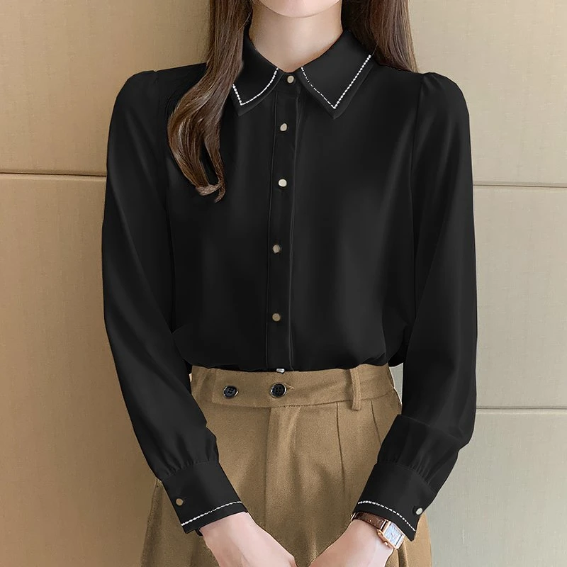 Women's Clothing Solid Blouses Turn-Down Collar Loose Elegant Office Fashion Spring Summer Thin Korean Casual