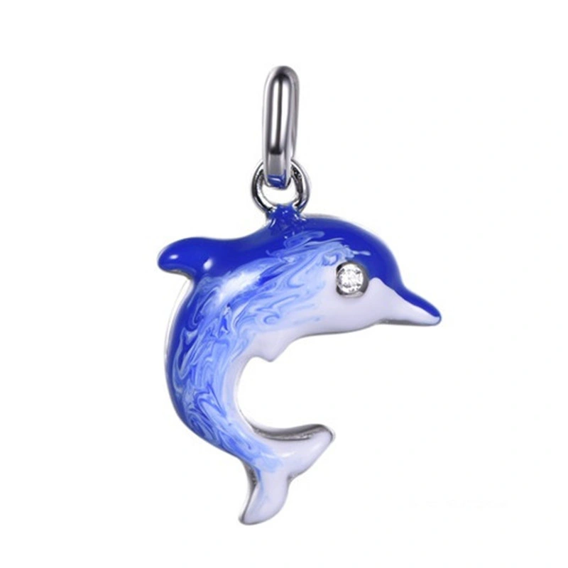 Girl&prime; S 925 Silver Enamel Dolphin Pendant Earring Jewelry Set