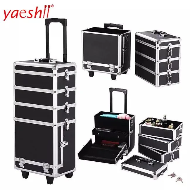 4in1 I Aluminum Suitcase Train Box Trolley Rolling Cosmetic Case with 360 Degree Wheels