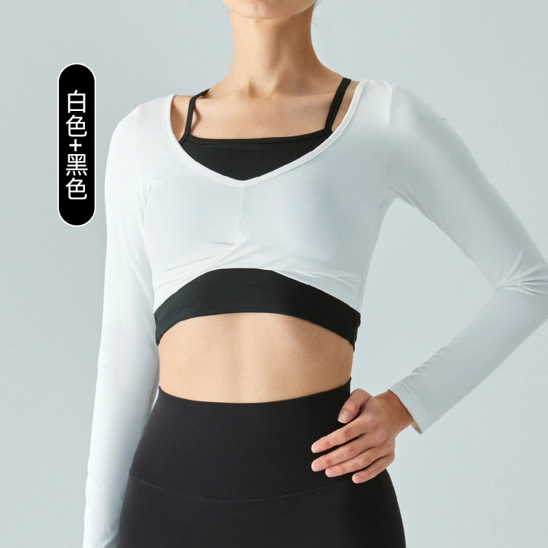 New Hanging Neck Fake Two Piece Semi Fixed Cups Front Chest Cross Ruffle Slim Fitness Yoga Long Sleeve Top