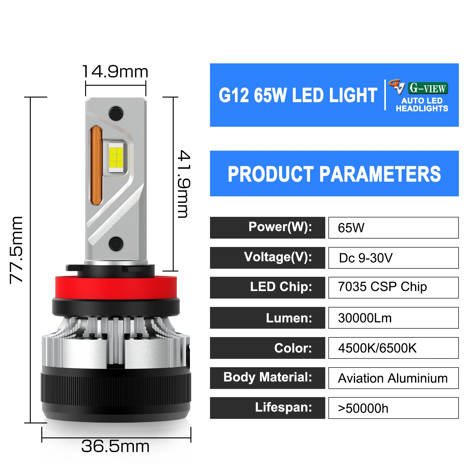 G-View G12W Auto LED Automotive Car Light 9005 9006 Super Power 130W 30000lm lámpara de foco LED de alto brillo al por mayor