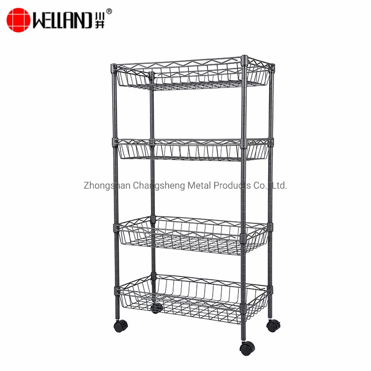 Rolling 4 Tiers Adjustable Steel Wire Basket Storage Rack for Kitchen / Livingroom