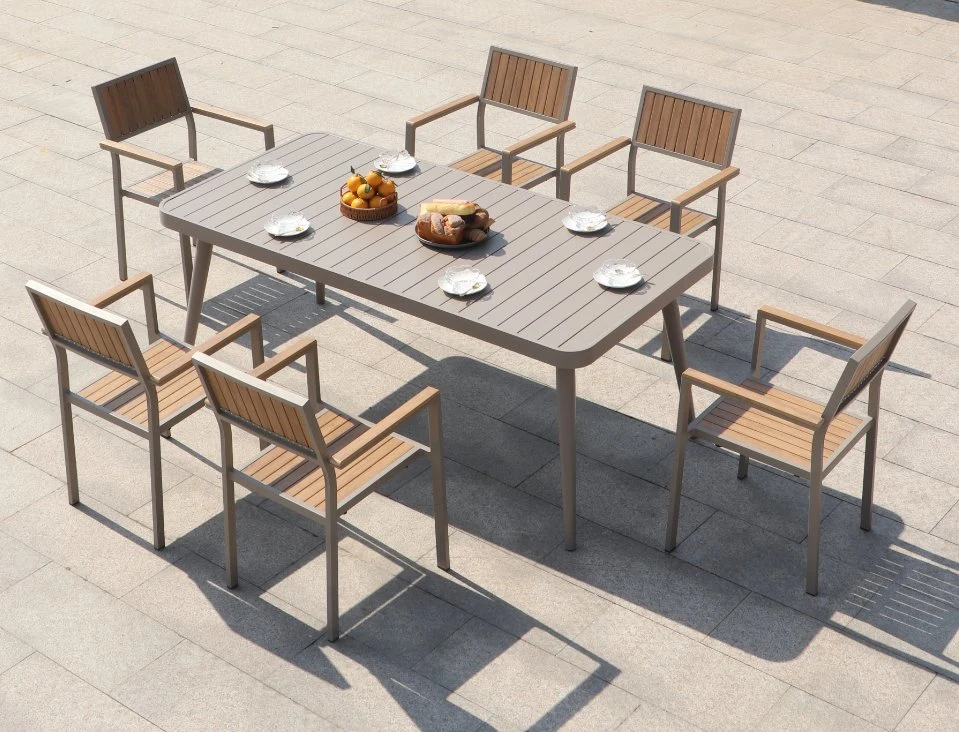 Freizeit Outdoor Kunststoff Holz Aluminium Stühle und Tische Composite wasserdicht Sonnencreme-Outdoor Courtyard Garden Hotel Milk Tea Shop