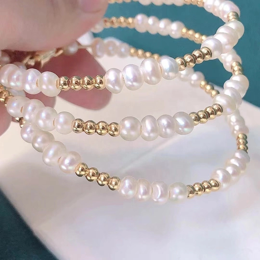 Hot Sale Natural Freshwater Pearl Bracelet with Gold Beads Handmade Women&prime; S Jewelry Bangle for Gift