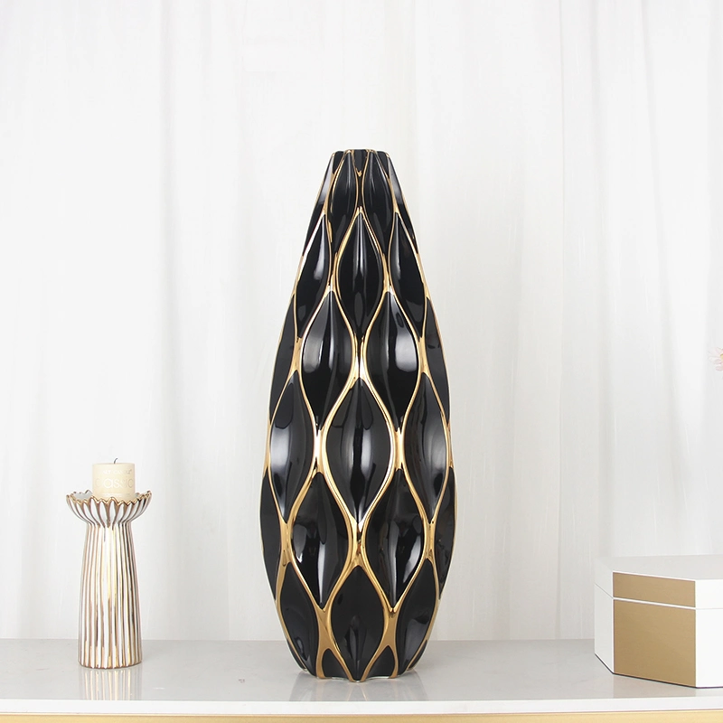 V082A Nordic Light الفاخرة السيراميك الطابق Vase كبيرة الديكور منزل مجموعات زهور الزهور السوداء والذهبية المتطورة