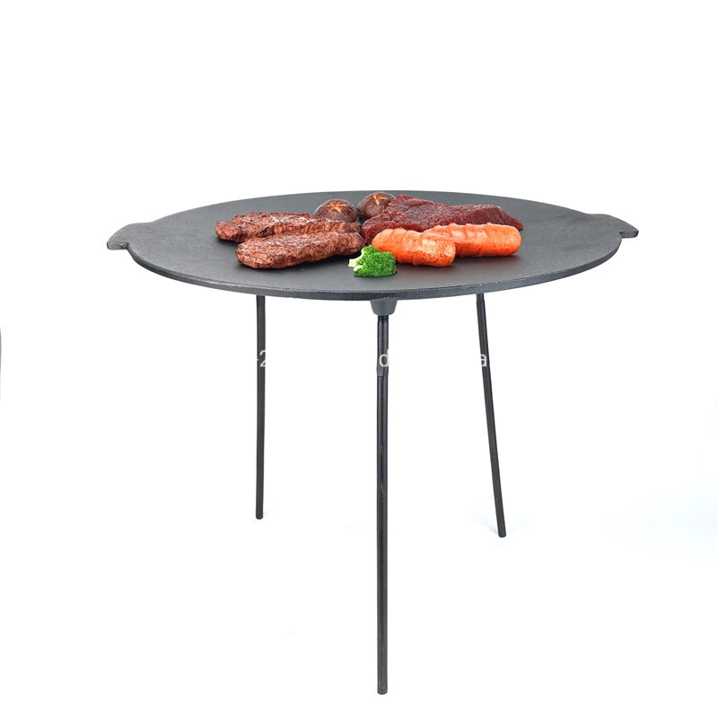 Grille en fonte préassaisonnée sans manche amovible et ronde de haute qualité Assiette pour barbecue avec 3 pattes