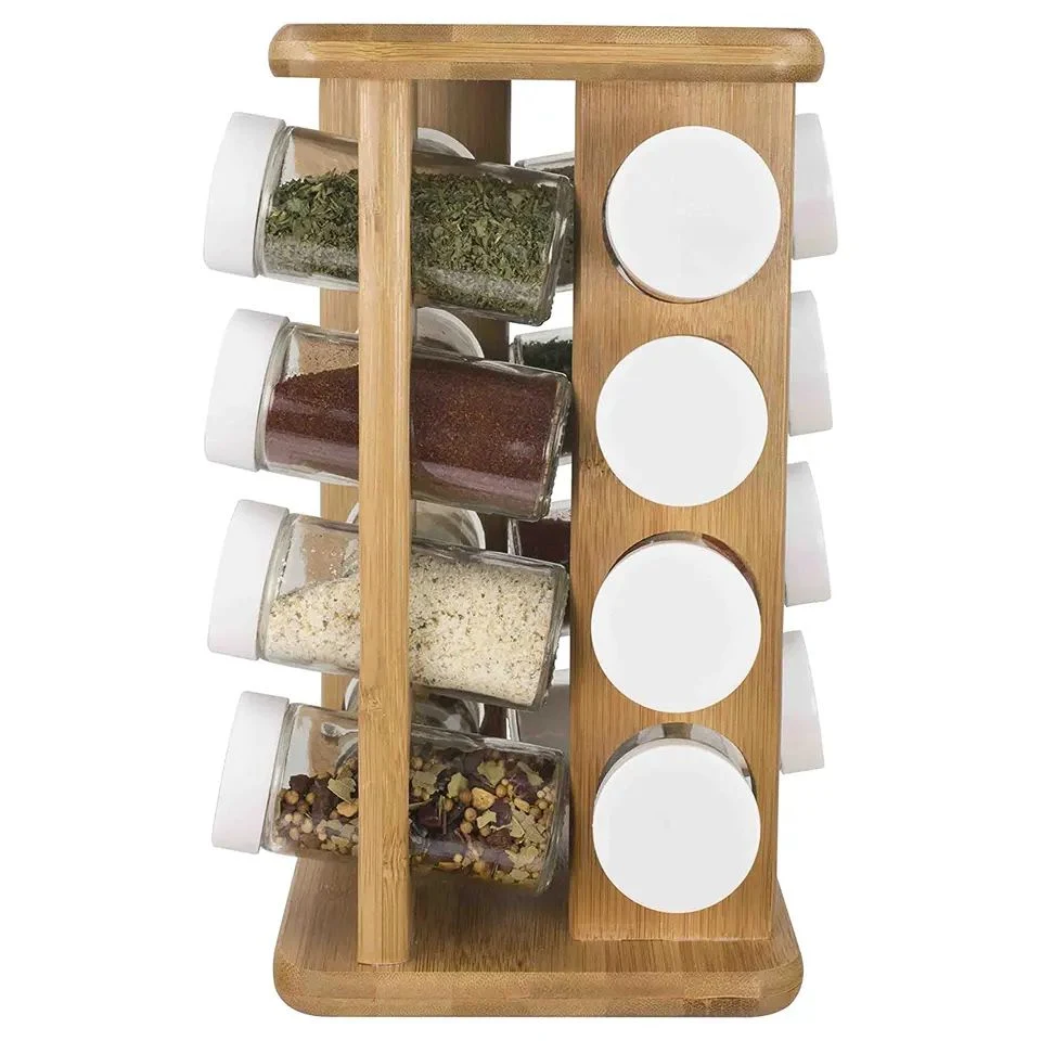 Bamboo Rotating 16 Jar Spice Rack Countertop Spice Shelf Tower Organizer for Kitchen Spices