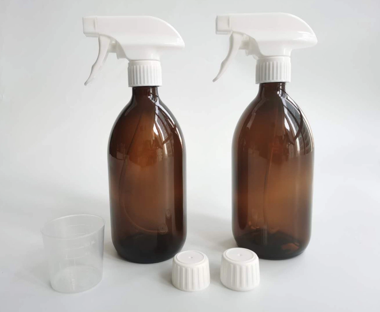 Amber Glass Spray Bottles with Trigger Pump/2 Caps. Reusable, Eco-Friendly for Organic/Cleaning/Essential Oil/Plant/Hair/Pet (2 X 500 ml)