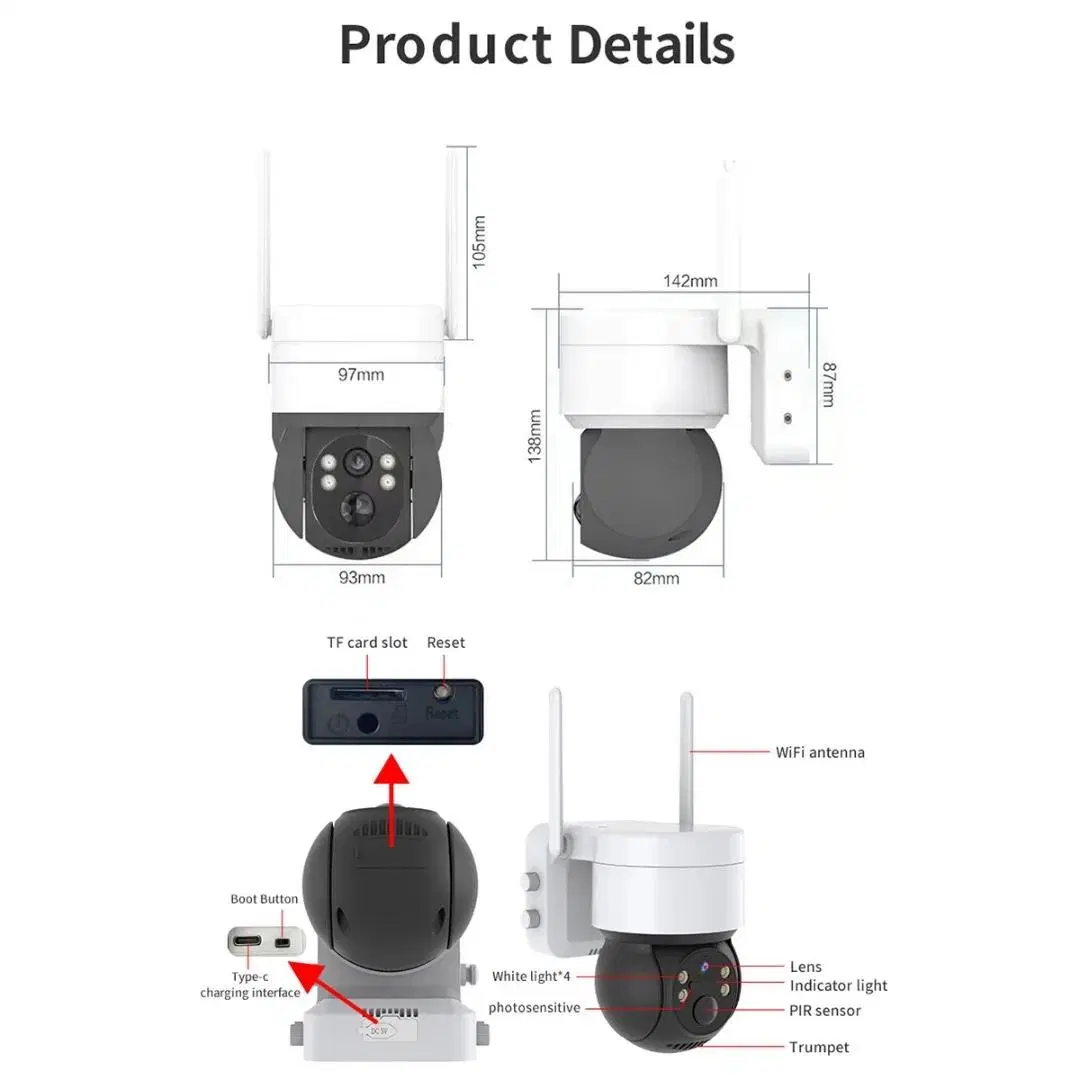 Batteriebetriebene Solarpanel CCTV Video Surveil im Freien wasserdichte PIR Wireless WiFi IP Security PTZ-Kamera