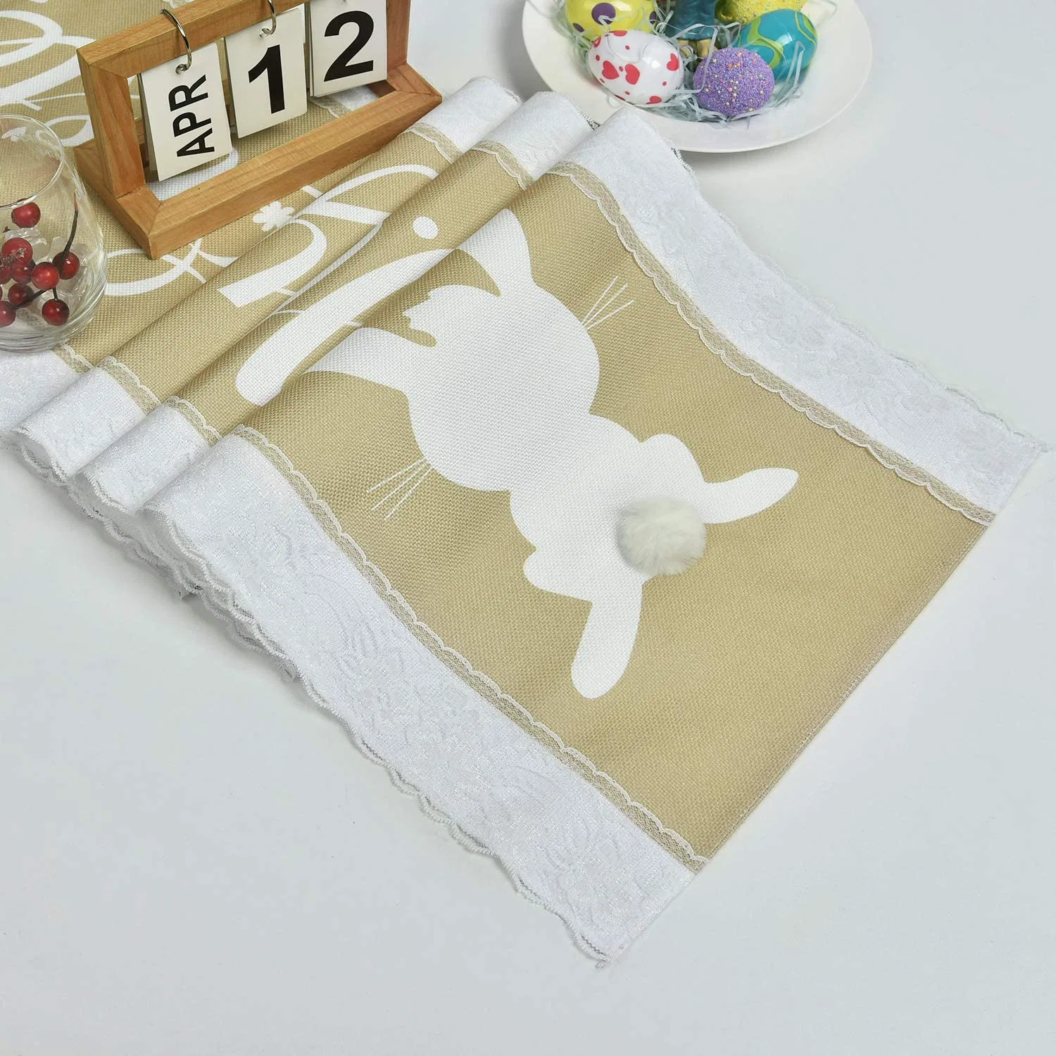 Easter Summer Spring Table Runner 100% Polyester Faux Linen, with 3D Applique Embroidery Pattern