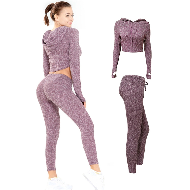 Sy-H309 Nuevo Sexy ombligo tejidas Gym Fitness Sports Palo Tight-Fitting Quick-Drying Elevación de cadera entrenamiento yoga establece para la mujer con capucha desgaste