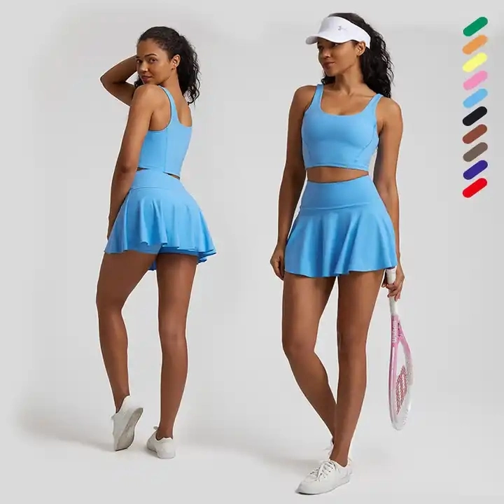 Seamless 2 Pieces Tennis Outfit Crop Top Quick Dry Golf Skirt Sport Sets Fitness Yoga Wear Women