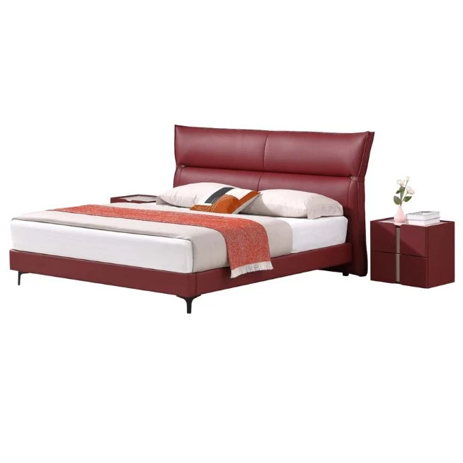 Modern Bedroom Furniture Set Dormitory Hotel Red Nappa Leather Twin Bed