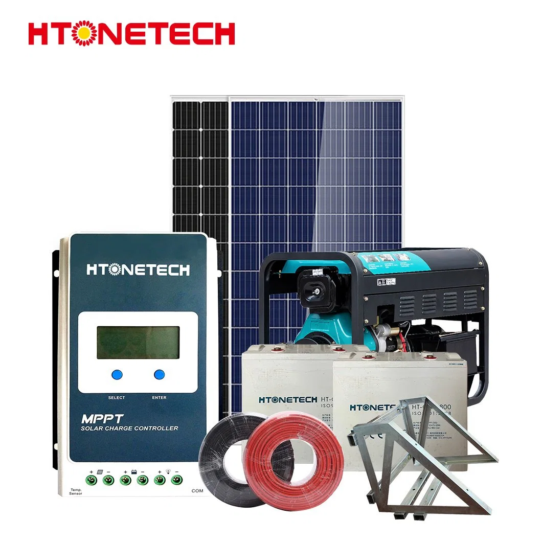 Htonetech Fournisseurs de systèmes solaires hybrides hors réseau en Chine 5 kW 43 kW Panneau solaire mono PERC bifacial 24 kW Générateur diesel Système hybride Kit solaire 5 kW 10 kW.