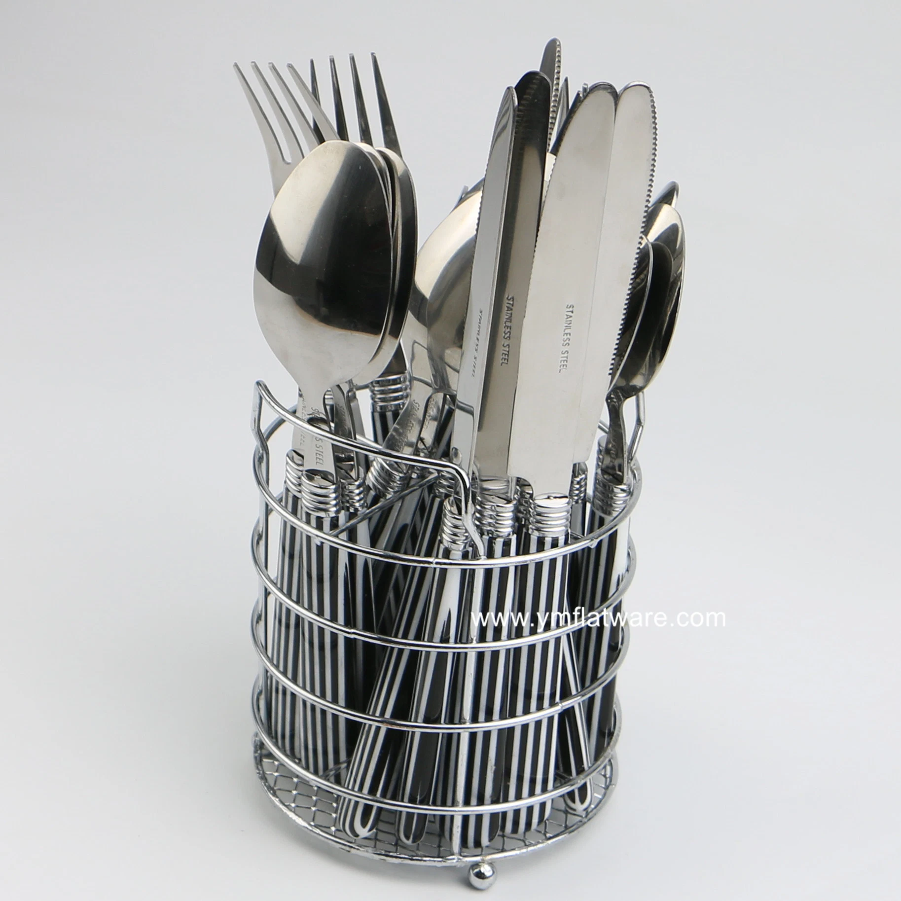 24PCS Black Line Design Stainless Steel Cutlery Set with Metal Wire Holder