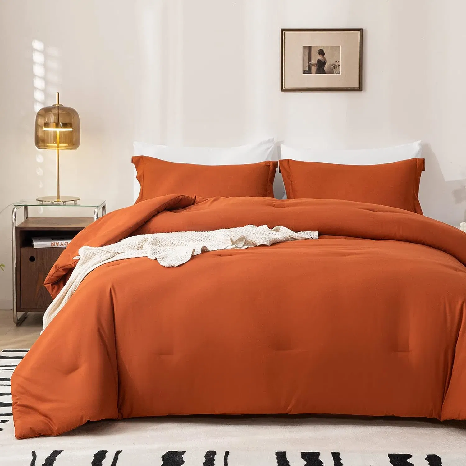 Twin Comforter Set 5 Pieces Microfiber Comforter Soft Terracotta Quilt Set Farmhousewith Comforters, Flat & Fitted Sheets, Pillowcases & Shams of Bedding Set